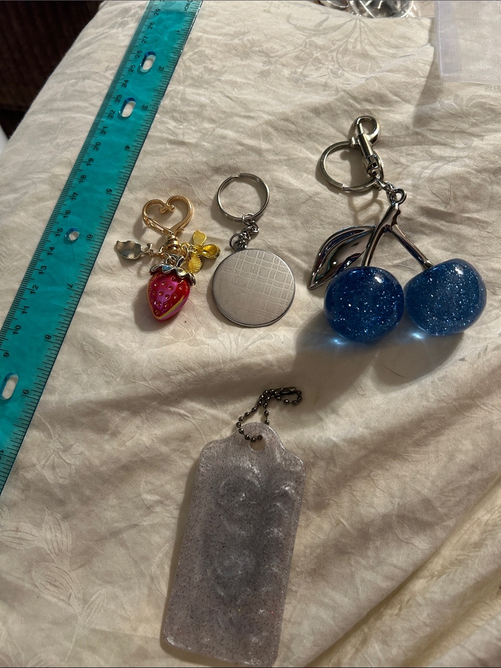 Mixed Charm Keychain Lot - Strawberry, Mandala, Blue Glitter Cherries & Owl Tag - Picture 2 of 3